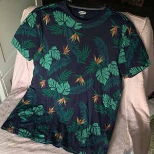 Old Navy Navy Tropical Leaf & Bird-of-Paradise Print Tee